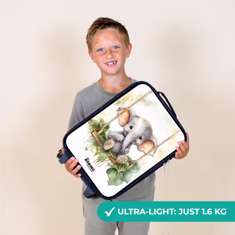 Jong olifantje op een schommel waterverf tekening Kinderkoffer - Zwart klein -sfeer4_UK