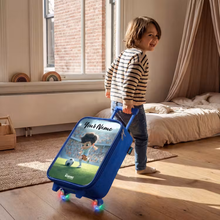 Jongen - Stadion - Voetbal - Zonlicht Kinderkoffer - Blauw klein -sfeer1