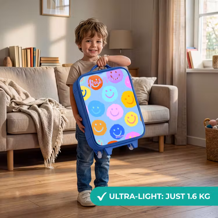 Vrolijk patroon van smileys Kinderkoffer - Blauw klein -sfeer2_EN