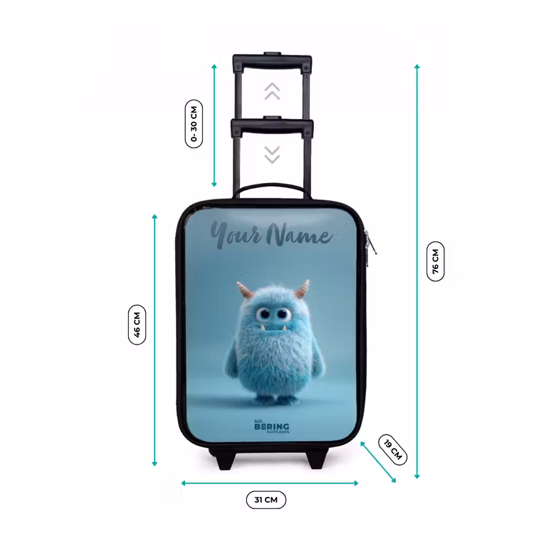 Blauw pluizig monster met hoorns Kinderkoffer - Zwart klein -productfoto_formaten