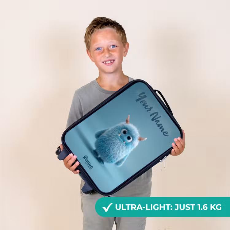 Blauw pluizig monster met hoorns Kinderkoffer - Zwart klein -sfeer4_UK