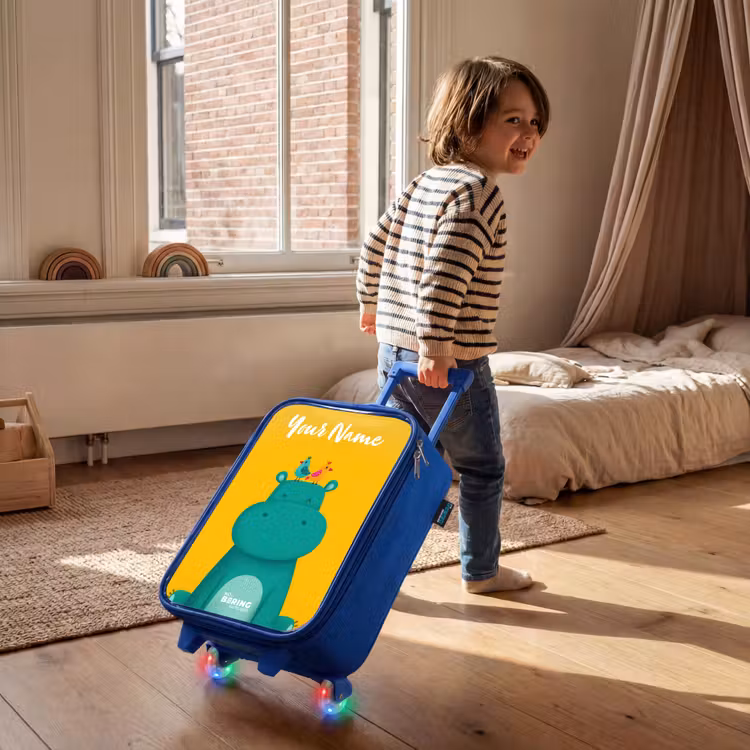 Nijlpaard - Vogels - Geel Kinderkoffer - Blauw klein -sfeer1