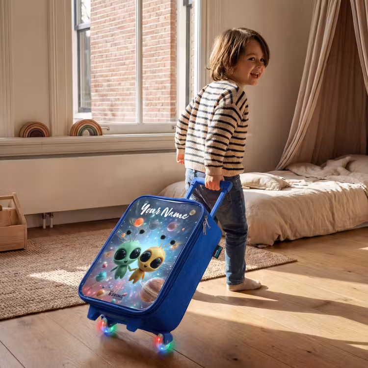 Vrolijke buitenaardse vrienden Kinderkoffer - Blauw klein -sfeer1