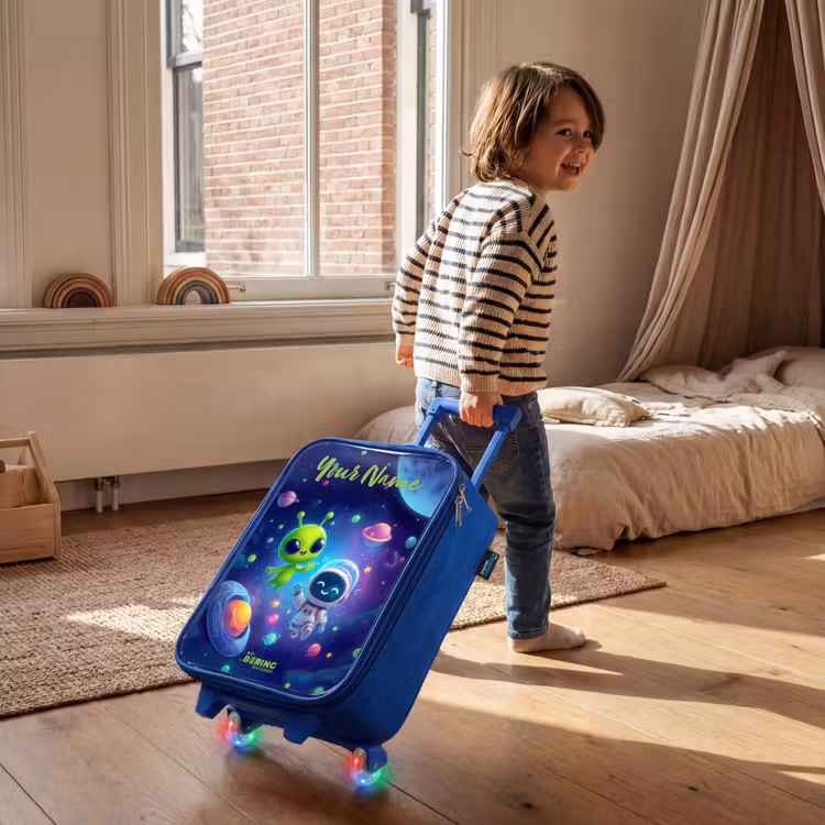 Vrolijke Ontmoeting in de Ruimte Kinderkoffer - Blauw klein -sfeer1