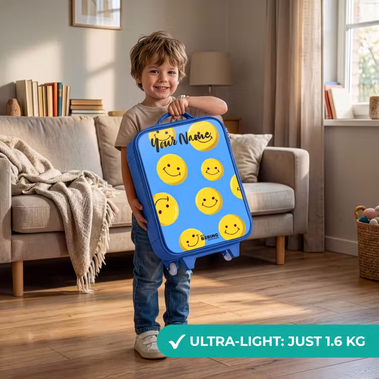Vrolijke smileyregen Kinderkoffer - Blauw klein -sfeer2_EN