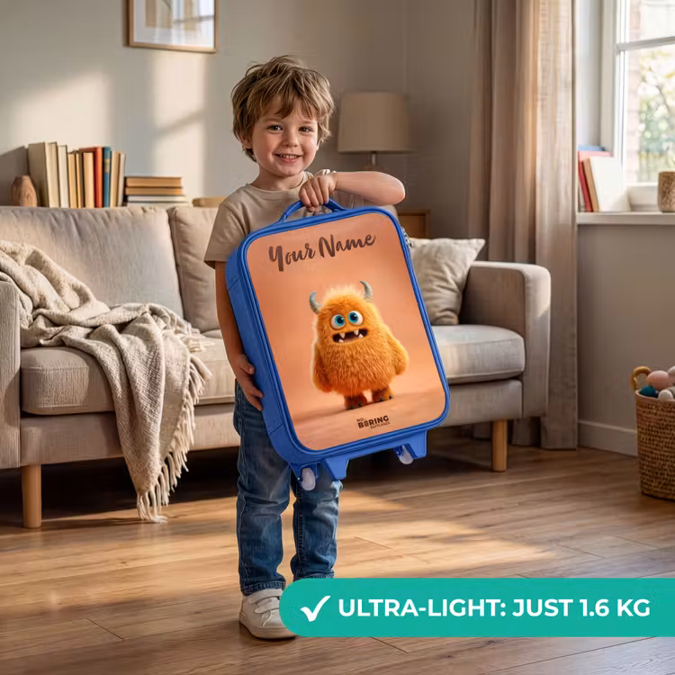 Oranje Pluizig Monster met Hoorns Kinderkoffer - Blauw klein -sfeer2_EN