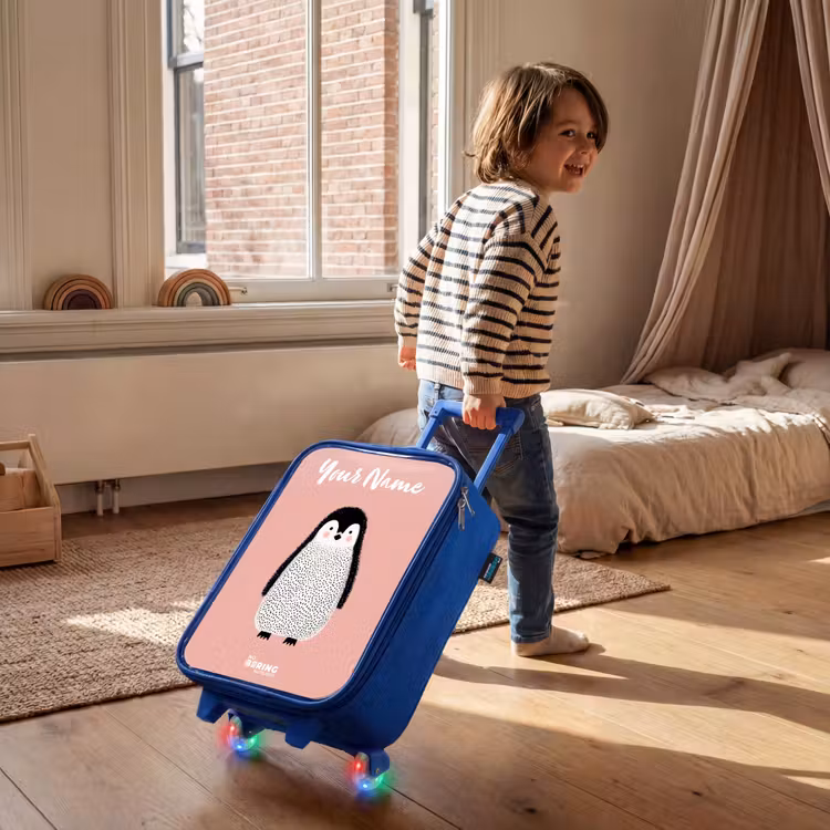 Pinguïn - Stippen - Roze - Minimalistisch Kinderkoffer - Blauw klein -sfeer1