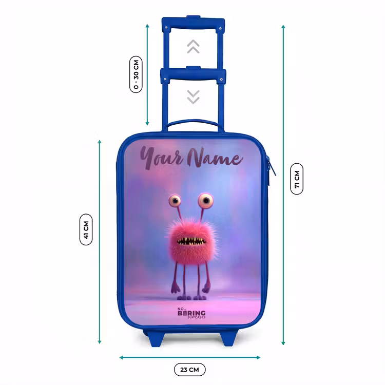 Roze harig monster met grote ogen Kinderkoffer - Blauw klein -productfoto_formaten