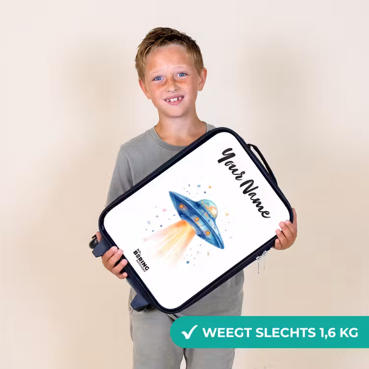 Blauw ruimteschip met lichtstraal Kinderkoffer - Zwart klein -sfeer4_NL