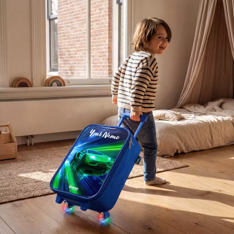Sportauto - Groen - Snelheidslijnen - Neon Kinderkoffer - Blauw klein -sfeer1