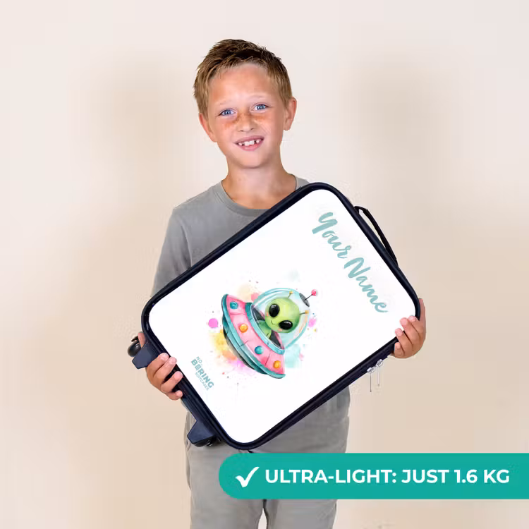 Groene alien in kleurrijke UFO Kinderkoffer - Zwart klein -sfeer4_UK