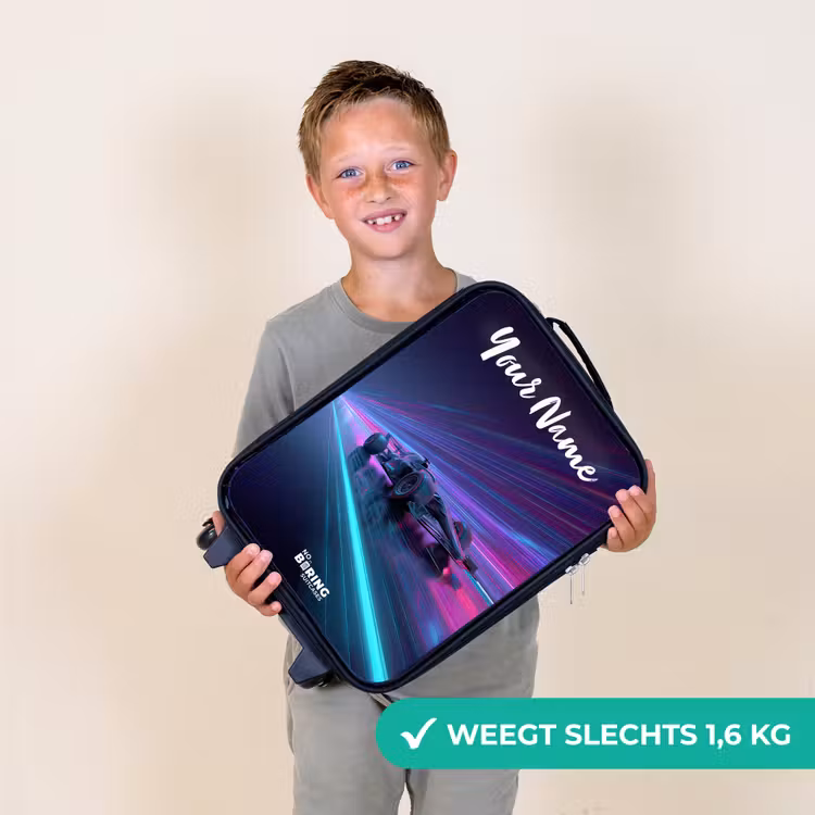 Lichtstralen - Neon - Racewagen - Paars Kinderkoffer - Zwart klein -sfeer4_NL