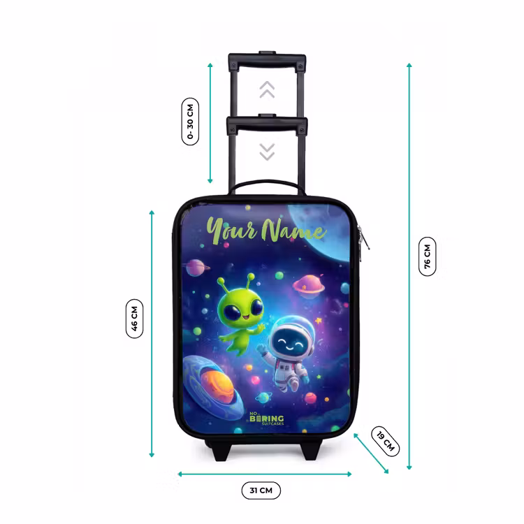 Vrolijke Ontmoeting in de Ruimte Kinderkoffer - Zwart klein -productfoto_formaten