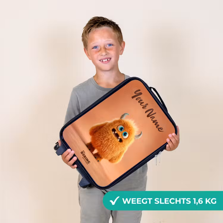 Oranje Pluizig Monster met Hoorns Kinderkoffer - Zwart klein -sfeer4_NL
