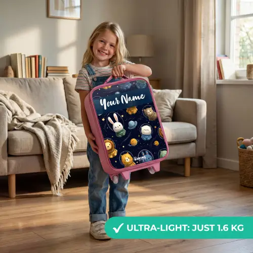 Dieren - Astronaut - Planeten - Sterren Kinderkoffer - Roze klein -sfeer2_EN