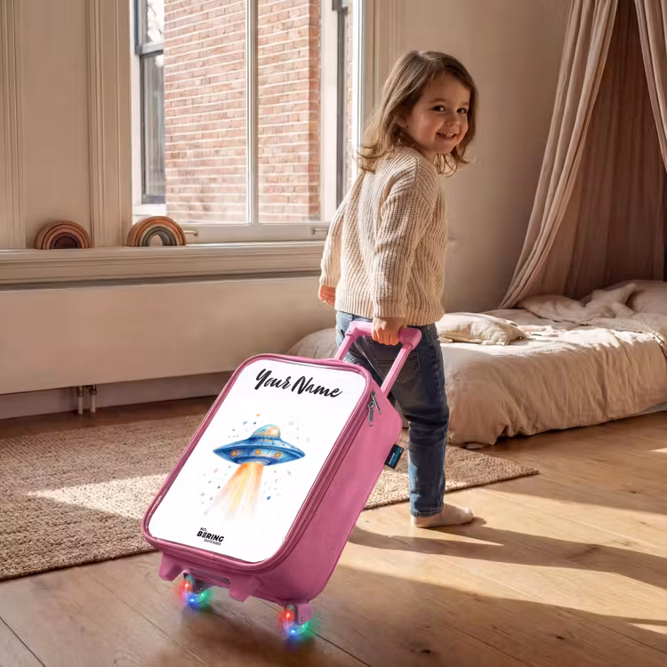 Blauw ruimteschip met lichtstraal Kinderkoffer - Roze klein -sfeer1