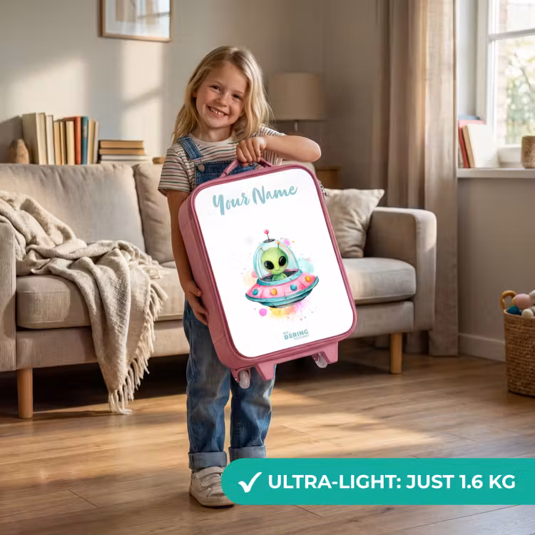 Groene alien in kleurrijke UFO Kinderkoffer - Roze klein -sfeer2_EN