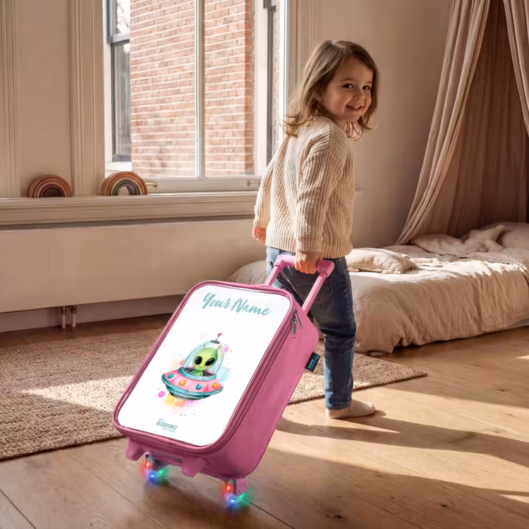 Groene alien in kleurrijke UFO Kinderkoffer - Roze klein -sfeer1