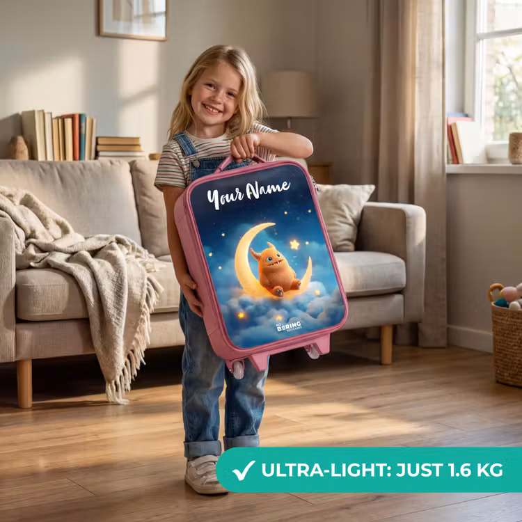 Oranje monster op maansikkel Kinderkoffer - Roze klein -sfeer2_EN