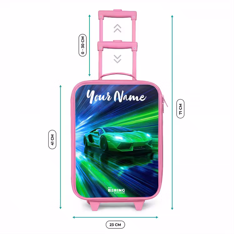 Sportauto - Groen - Snelheidslijnen - Neon Kinderkoffer - Roze klein -productfoto_formaten
