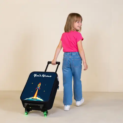 Planeet - Raket - Sterren - Donkerblauw Kinderkoffer - Zwart klein -sfeer1