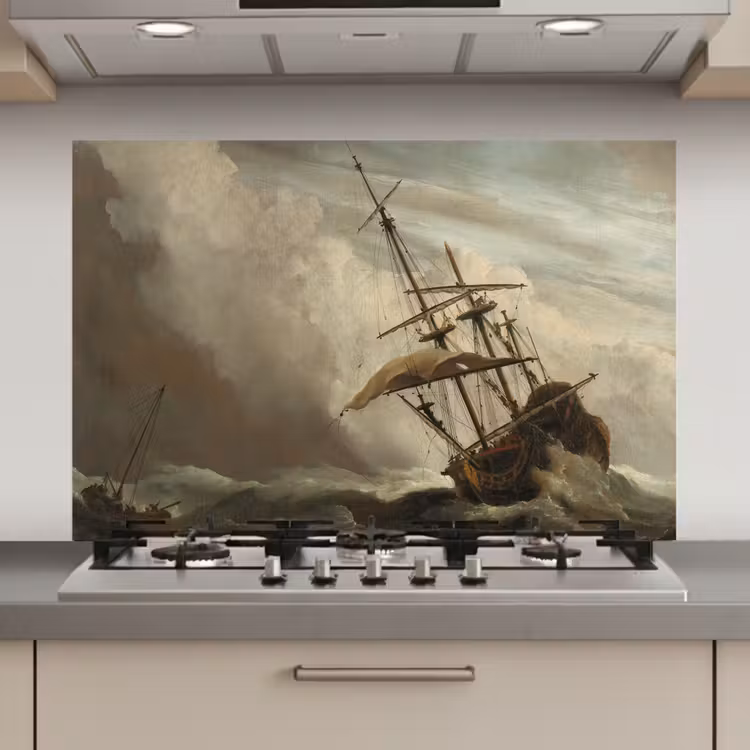 Een schip in volle zee bij vliegende storm - Schilderij van Willem van de Velde keuken achterwand spatscherm klein -3d_website