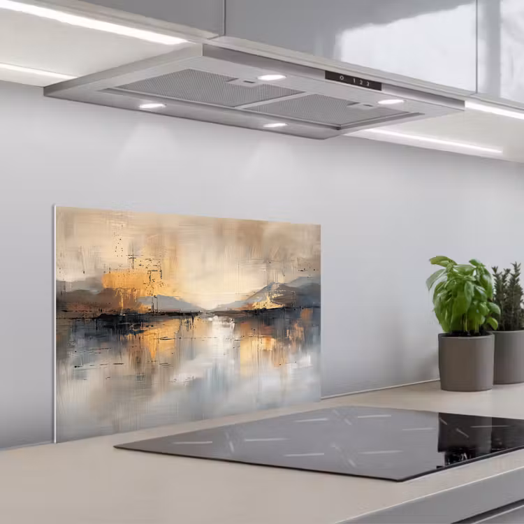 Abstract - Modern - Beige - Aesthetic - Goud keuken achterwand spatscherm klein -3d_schuin
