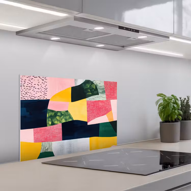 Abstract - Roze - Lappen - Vormen - Geel keuken achterwand spatscherm klein -3d_schuin