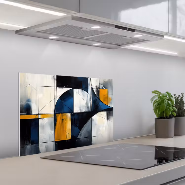 Abstract - Vormen - Goud - Blauw - Geometrisch keuken achterwand spatscherm klein -3d_schuin