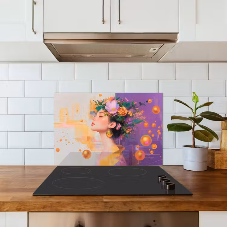 Abstract - Vrouw - Bloemenkroon - Goud keuken achterwand spatscherm klein -sfeer2