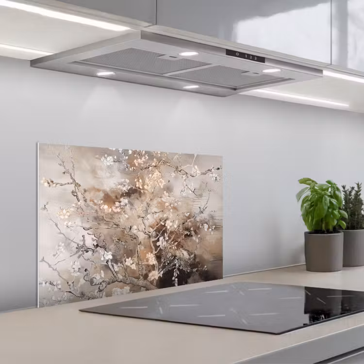 Amandelbloesem - Kunst - Van Gogh - Beige - Abstract keuken achterwand spatscherm klein -3d_schuin