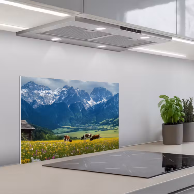 Alpen - Weide - Bergen - Koeien keuken achterwand spatscherm klein -3d_schuin