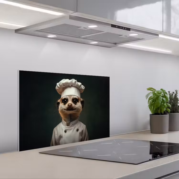Dier - Kok - Stokstaartje keuken achterwand spatscherm klein -3d_schuin
