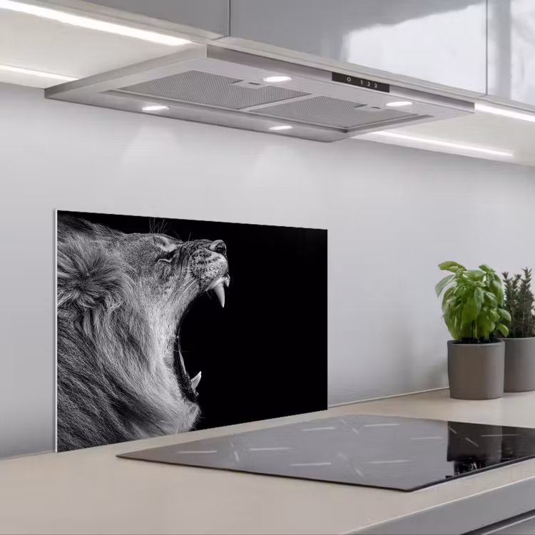 Dieren - Leeuw - Zwart - Wit - Portret keuken achterwand spatscherm klein -3d_schuin