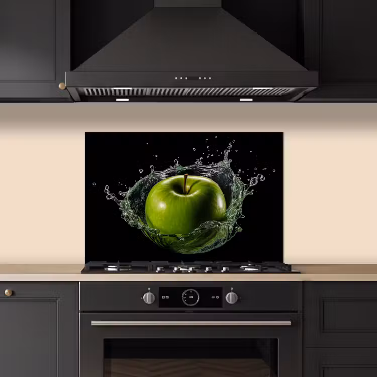 Appel - Groen - Fruit - Water - Zwart keuken achterwand spatscherm klein -sfeer1