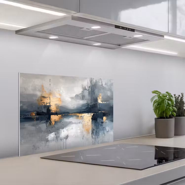 Kunst - Grijs - Goud - Abstract keuken achterwand spatscherm klein -3d_schuin