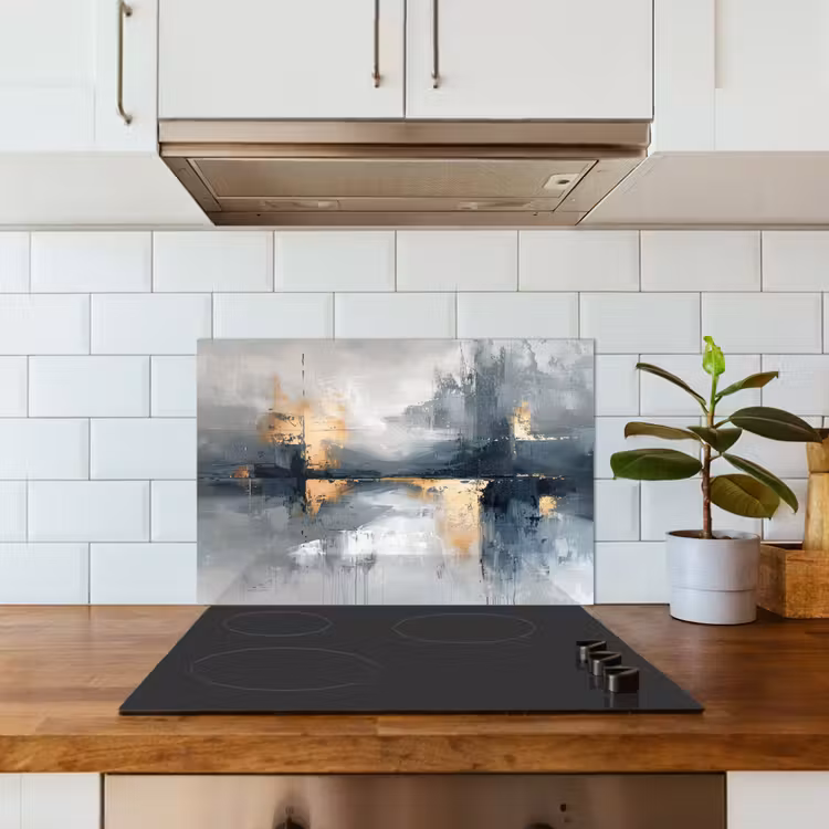 Kunst - Grijs - Goud - Abstract keuken achterwand spatscherm klein -sfeer2