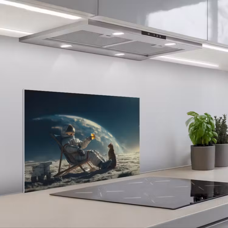 Astronaut - Kat - Glas - Stoel keuken achterwand spatscherm klein -3d_schuin