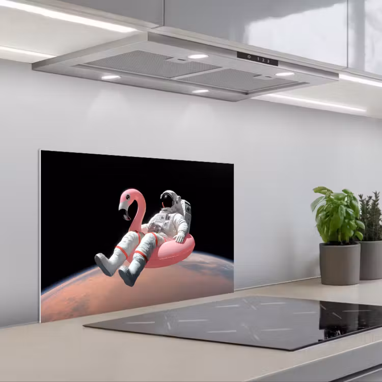 Astronaut - Flamingo - Zwemband - Roze keuken achterwand spatscherm klein -3d_schuin