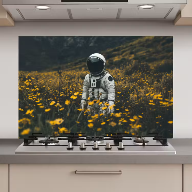 Astronaut - Bloemen - Veld - Geel keuken achterwand spatscherm klein -3d_website