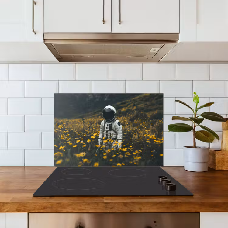 Astronaut - Bloemen - Veld - Geel keuken achterwand spatscherm klein -sfeer2