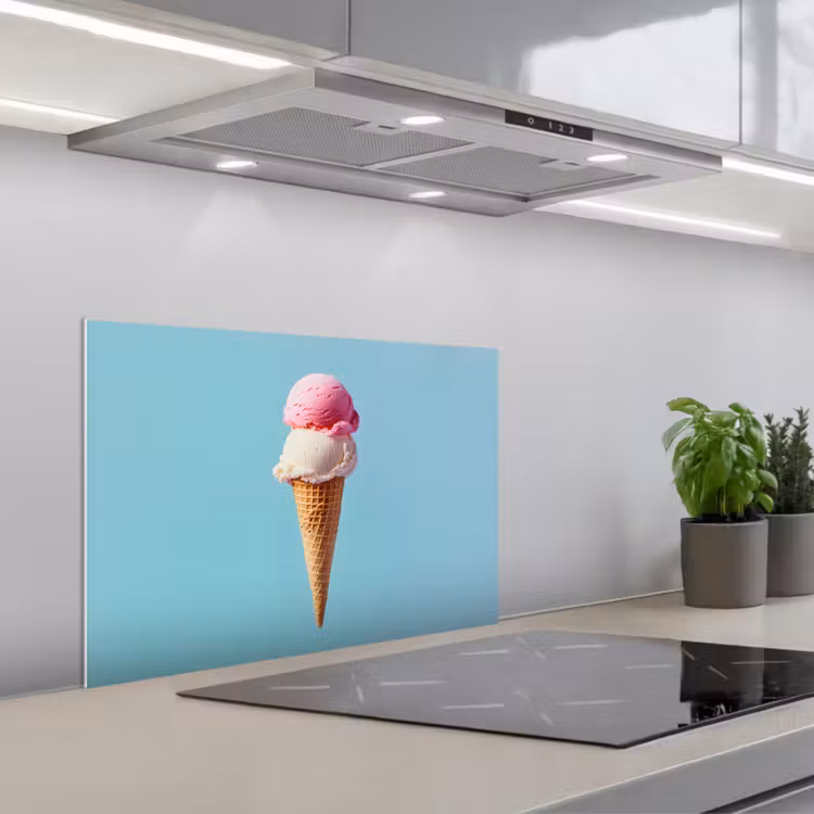 Bolletjes - Schepijs - Hoorntje - Blauw keuken achterwand spatscherm klein -3d_schuin