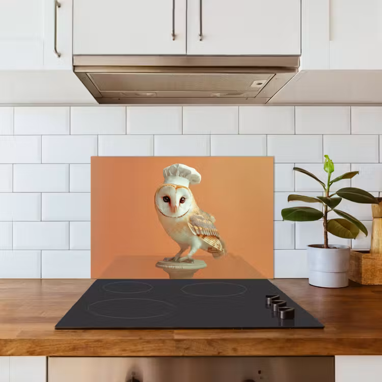 Kerkuil - Koksmuts - Oranje - Vogel keuken achterwand spatscherm klein -sfeer2