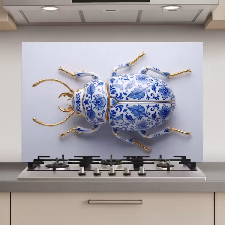 Kever - Delfts  - Blauw - Goud keuken achterwand spatscherm klein -3d_website