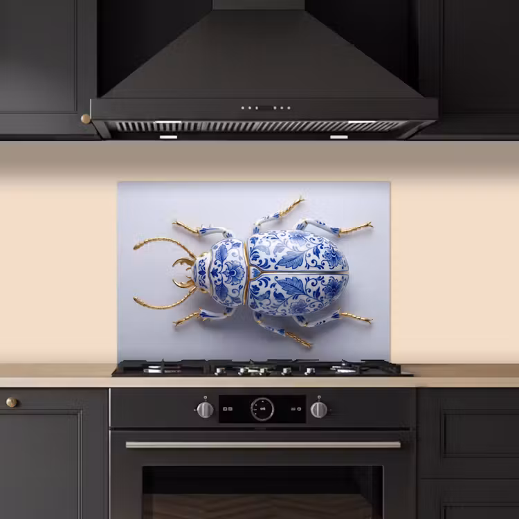 Kever - Delfts  - Blauw - Goud keuken achterwand spatscherm klein -sfeer1