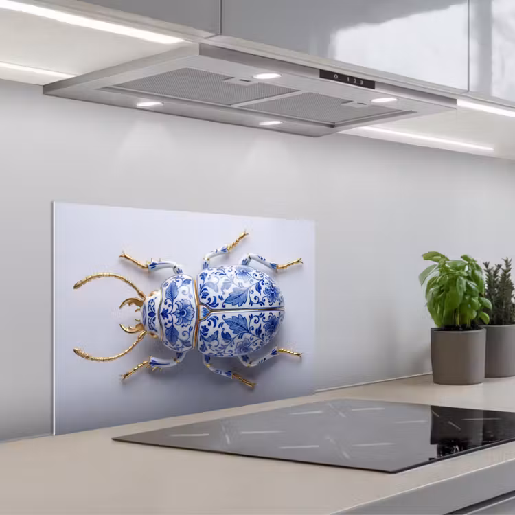 Kever - Delfts  - Blauw - Goud keuken achterwand spatscherm klein -3d_schuin