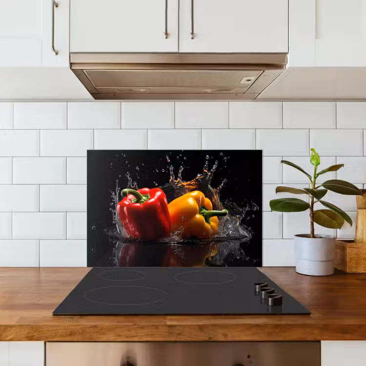 Paprika - Water - Zwart - Groente - Rood - Geel keuken achterwand spatscherm klein -sfeer2