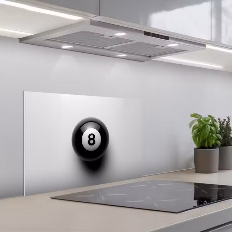 Biljartbal - Getal - Acht - Wit keuken achterwand spatscherm klein -3d_schuin
