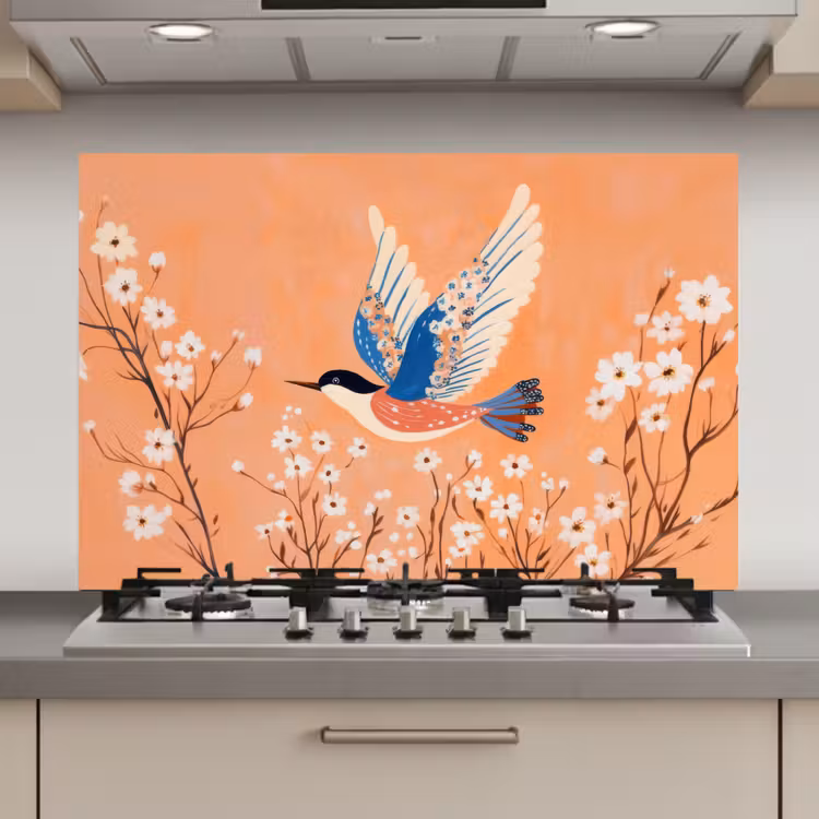 Vogel - Bloesemtakken - Warm - Kleurrijk keuken achterwand spatscherm klein -3d_website