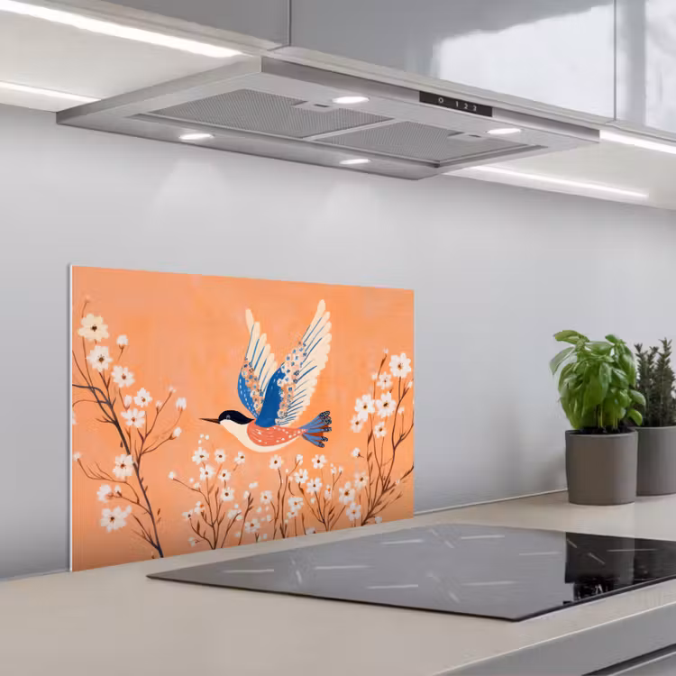 Vogel - Bloesemtakken - Warm - Kleurrijk keuken achterwand spatscherm klein -3d_schuin